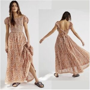 Free People Ultraviolet Maxi Dress in Tea Combo L Prairie Cut Out Back Boho EUC